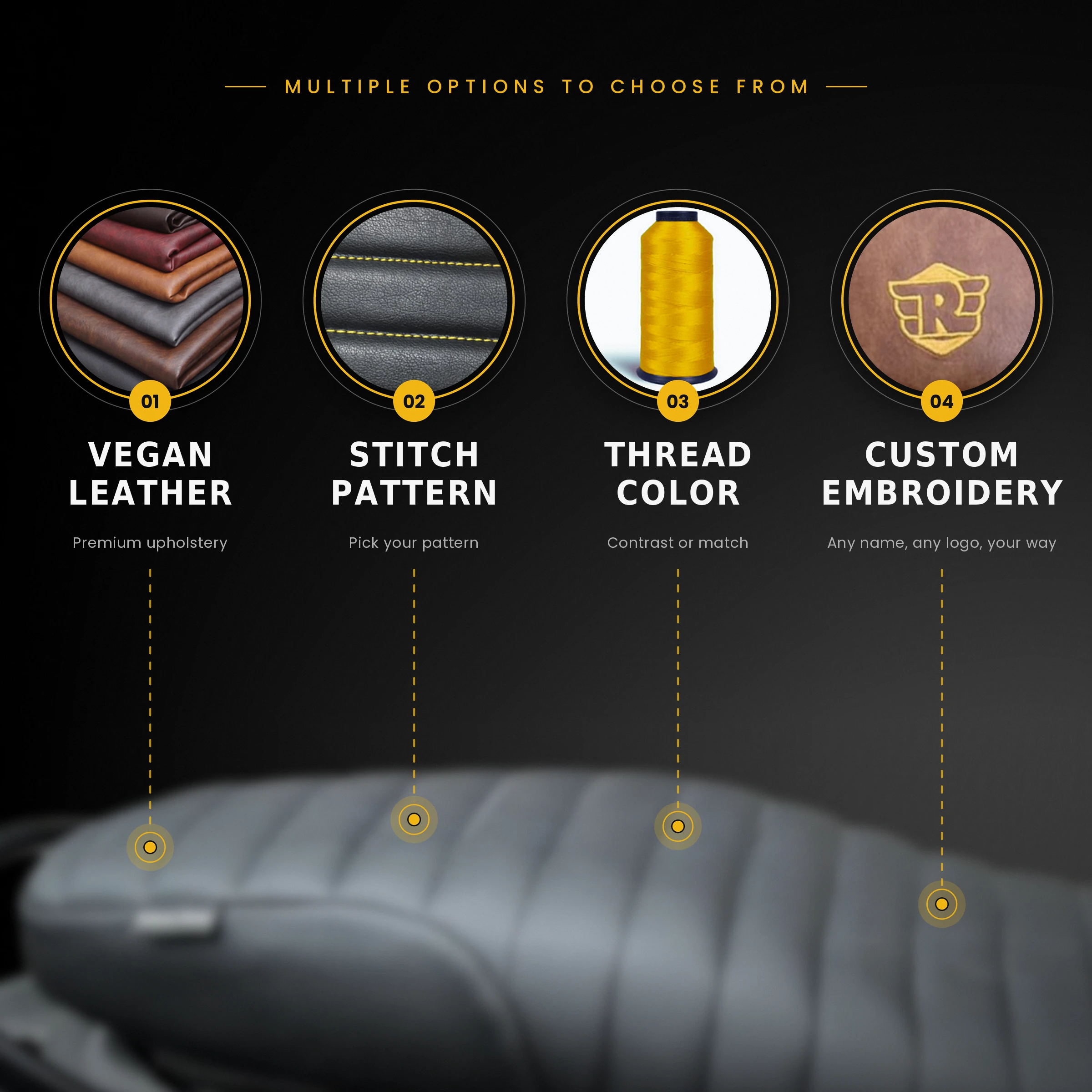 Multiple options to choose from — vegan leather, stitch pattern, thread color, custom embroidery